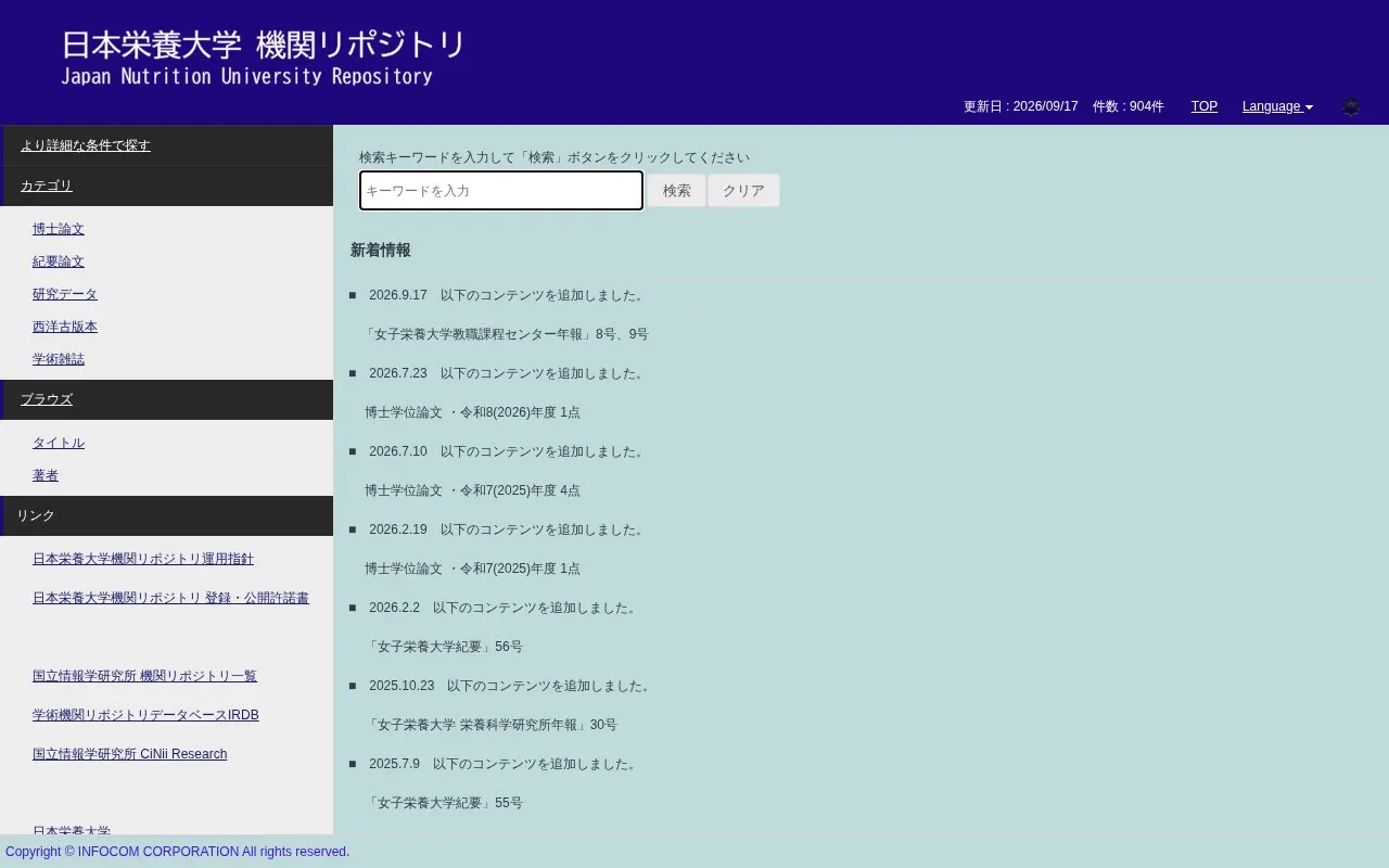 Kagawa Nutrition University Institutional Repository homepage screenshot