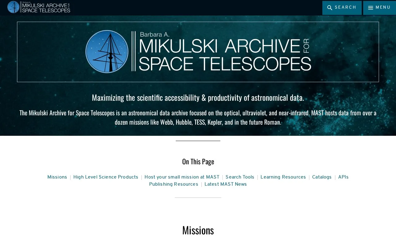 Barbara A. Mikulski Archive for Space Telescopes homepage screenshot