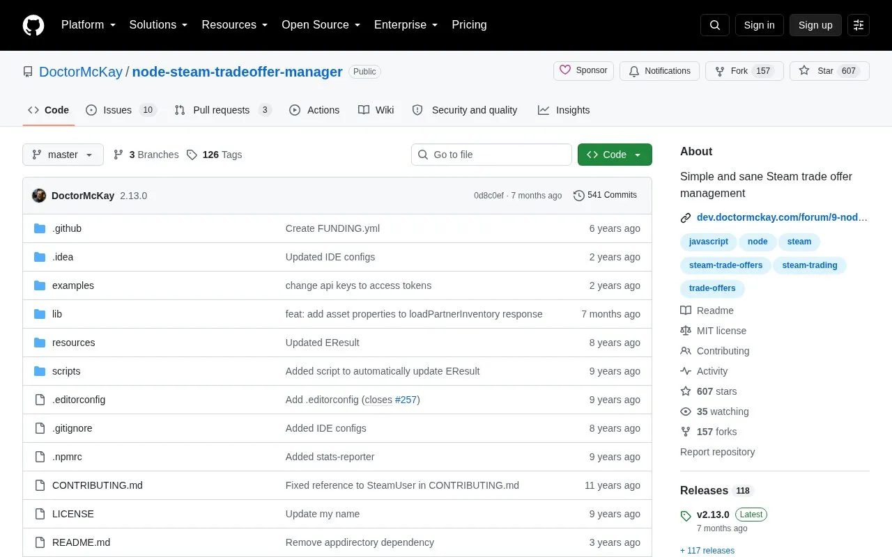 node-steam-tradeoffer-manager homepage screenshot