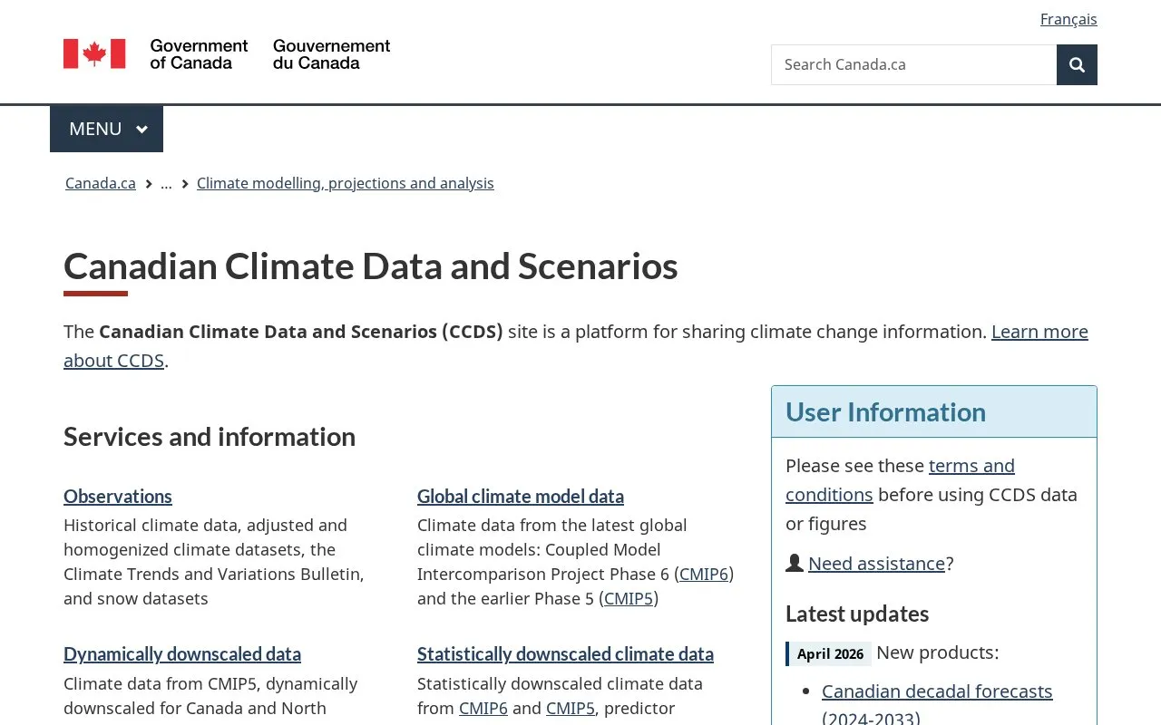 Canadian Climate Data and Scenarios homepage screenshot