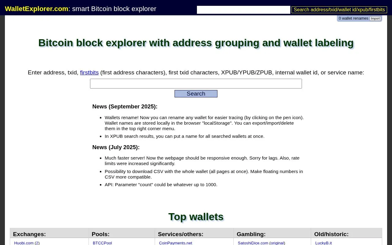 WalletExplorer homepage screenshot