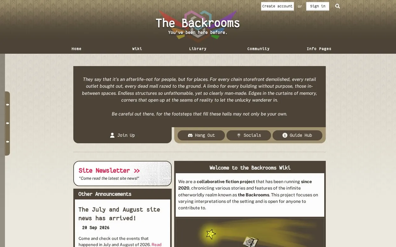 The Backrooms Wiki homepage screenshot