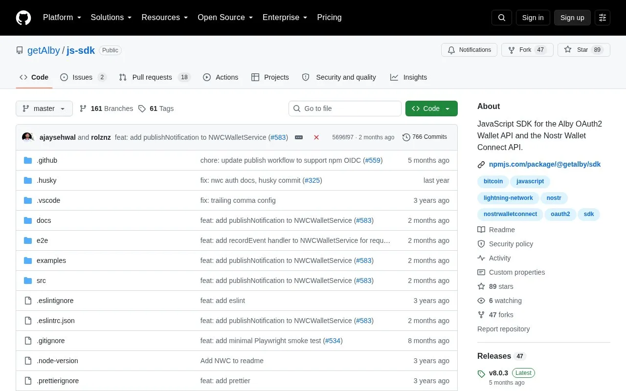 Alby JS SDK homepage screenshot
