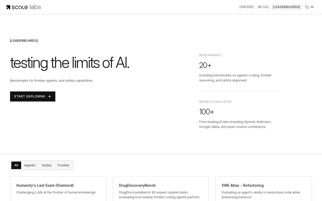 SEAL LLM Leaderboards homepage screenshot