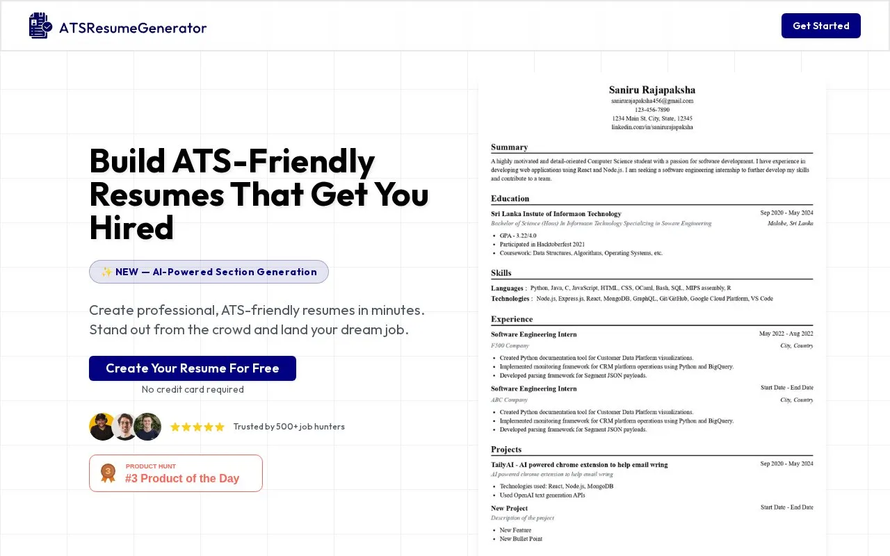 ATSResumeGenerator homepage screenshot