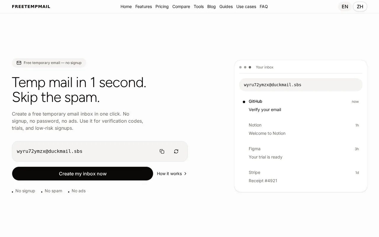 Freetempmail homepage screenshot