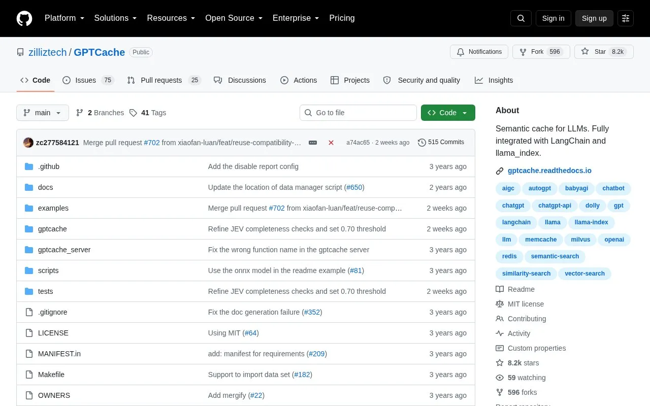 GPTCache homepage screenshot