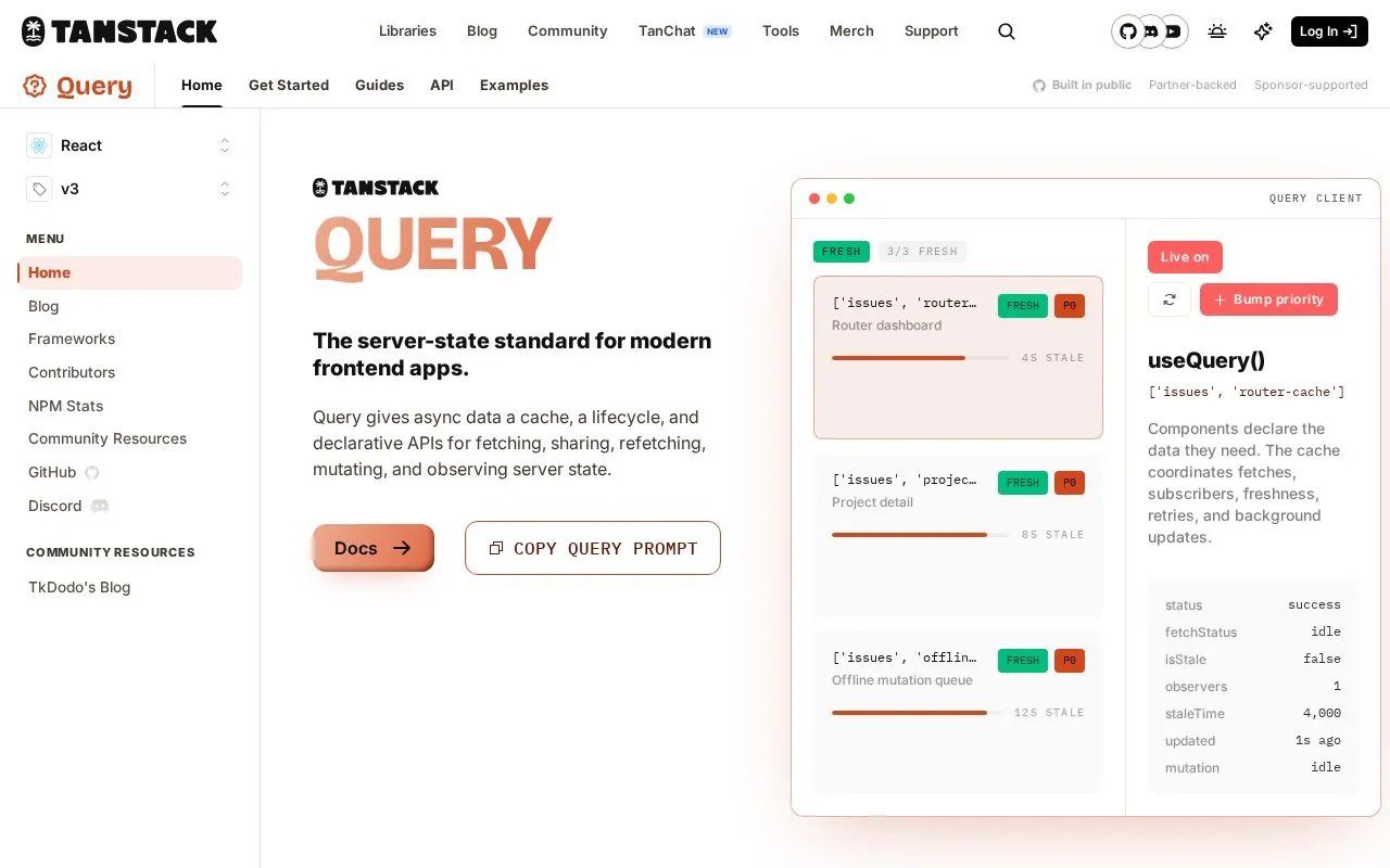 React Query homepage screenshot