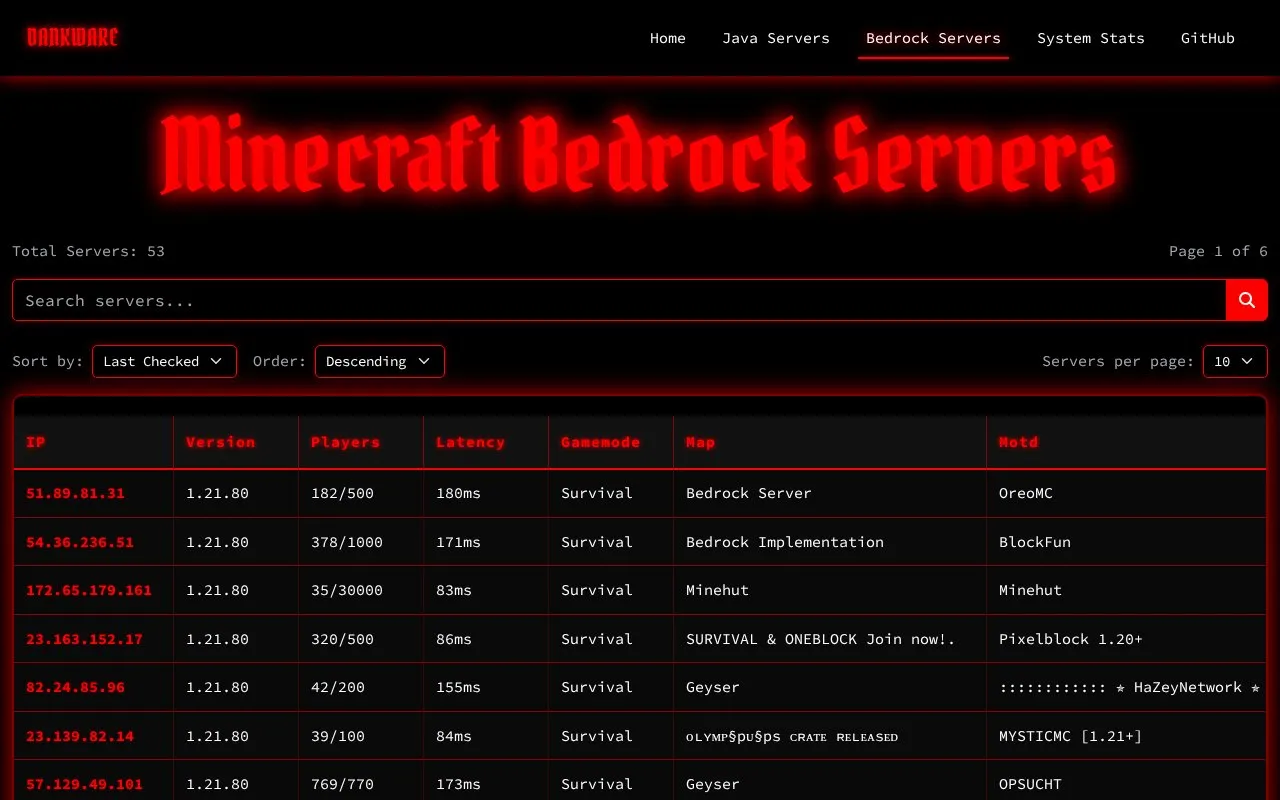 Bedrock Servers homepage screenshot