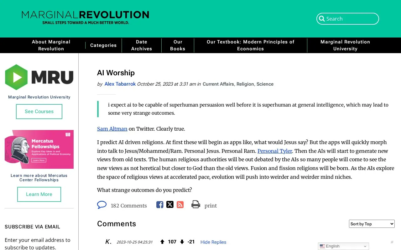 AI Worship Marginal REVOLUTION homepage screenshot