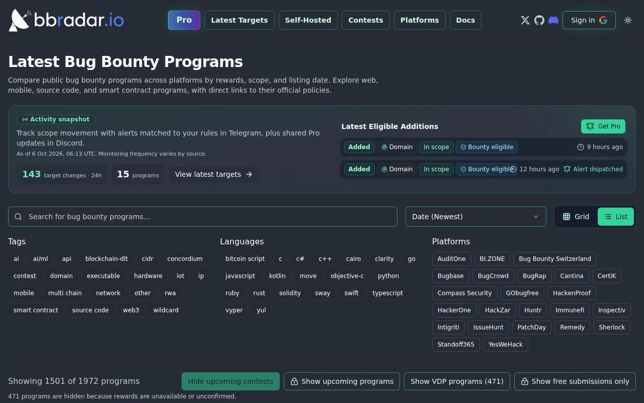 BBRadar homepage screenshot