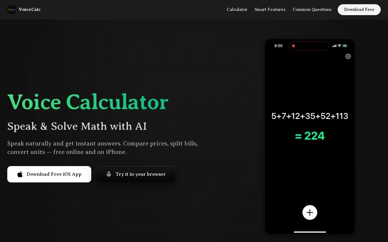 VoiceCalc homepage screenshot