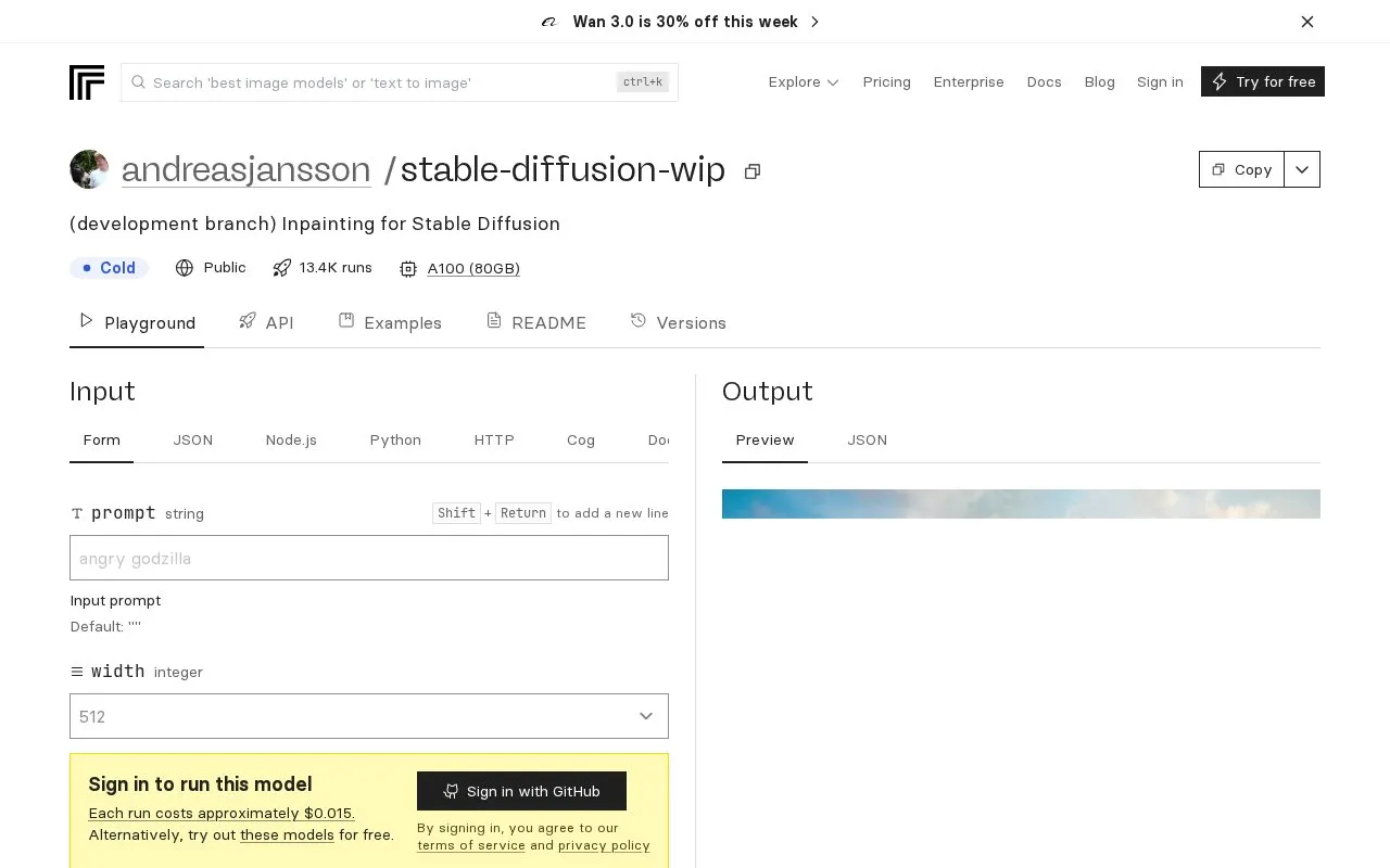 andreasjansson/stable-diffusion-wip – Run with an API on Replicate homepage screenshot