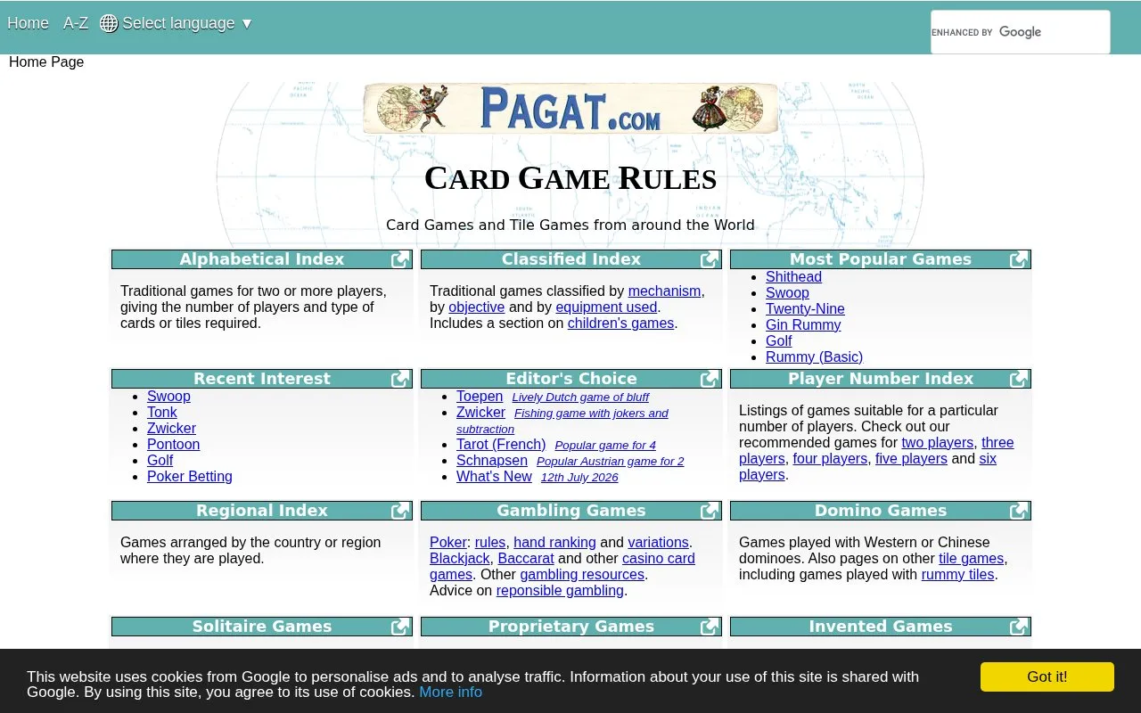 Pagat homepage screenshot