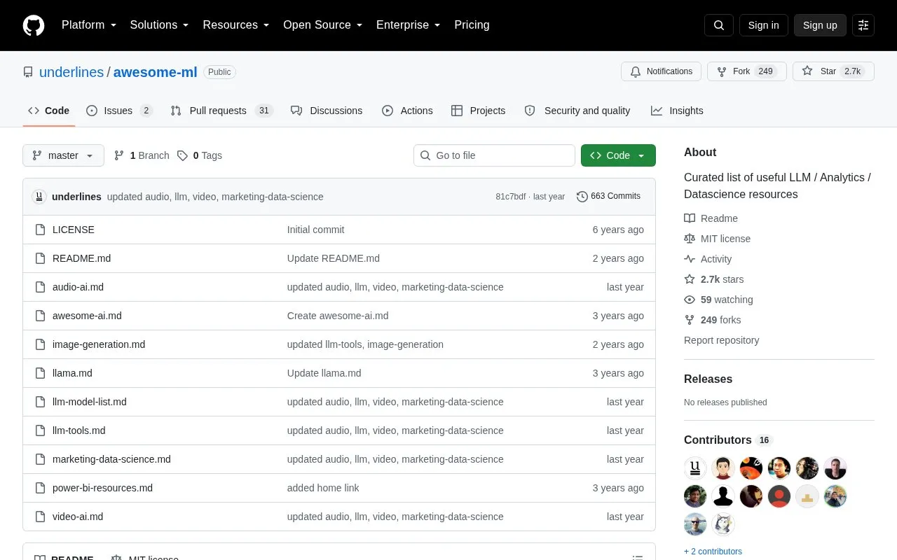 Awesome ML homepage screenshot