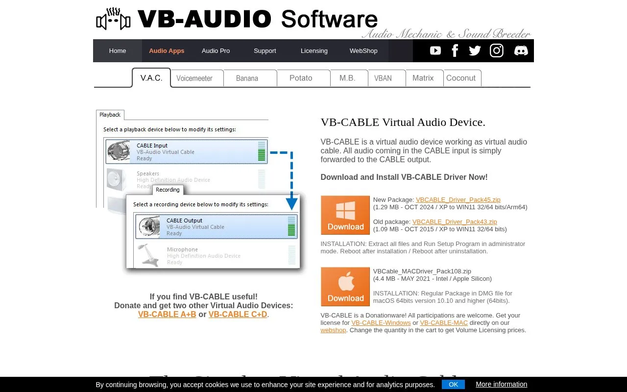 VB-Audio homepage screenshot