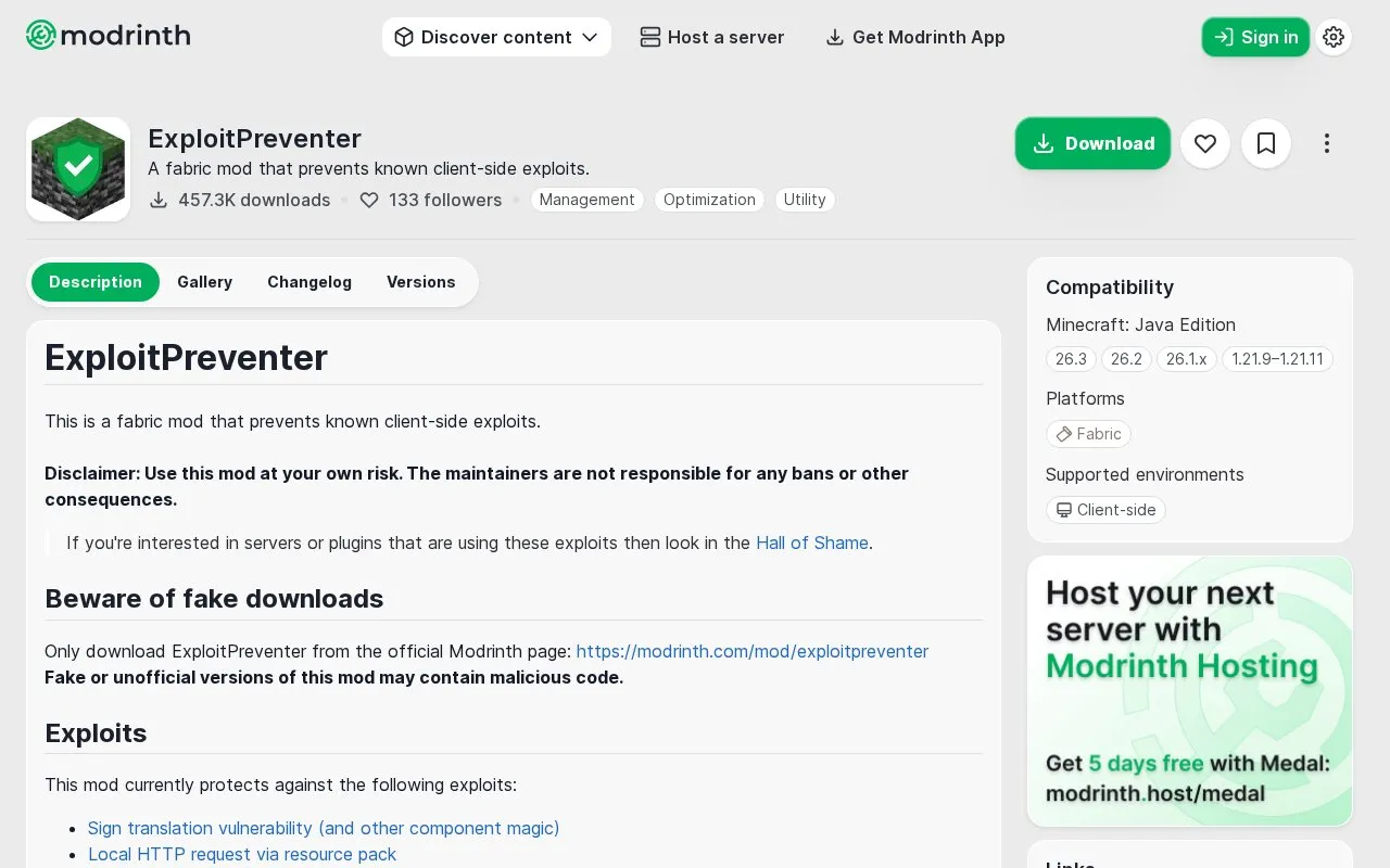 ExploitPreventer homepage screenshot