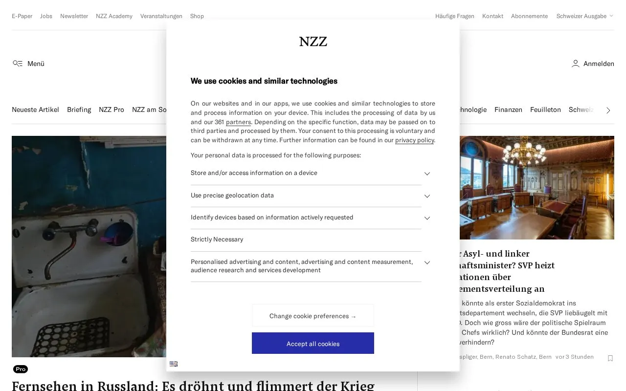 Neue Zürcher Zeitung homepage screenshot