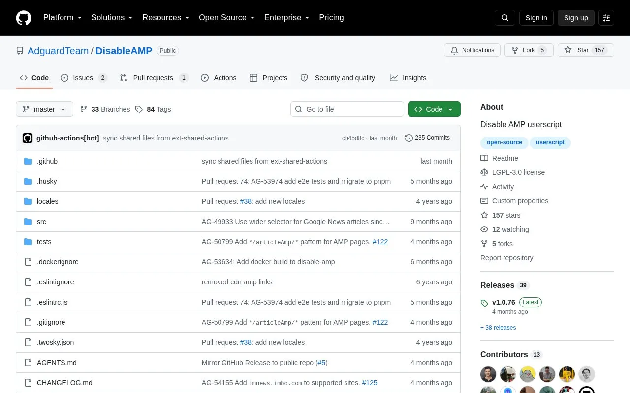 DisableAMP homepage screenshot