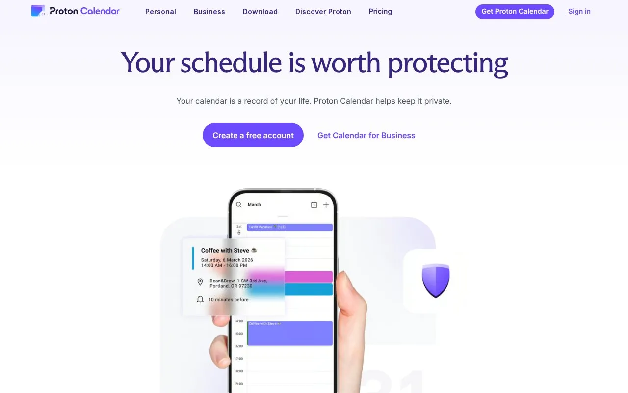 Proton Calendar homepage screenshot