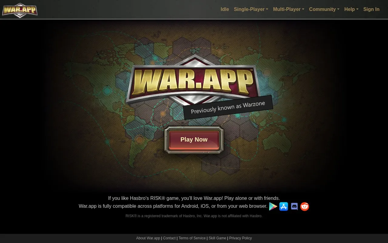 War.app homepage screenshot