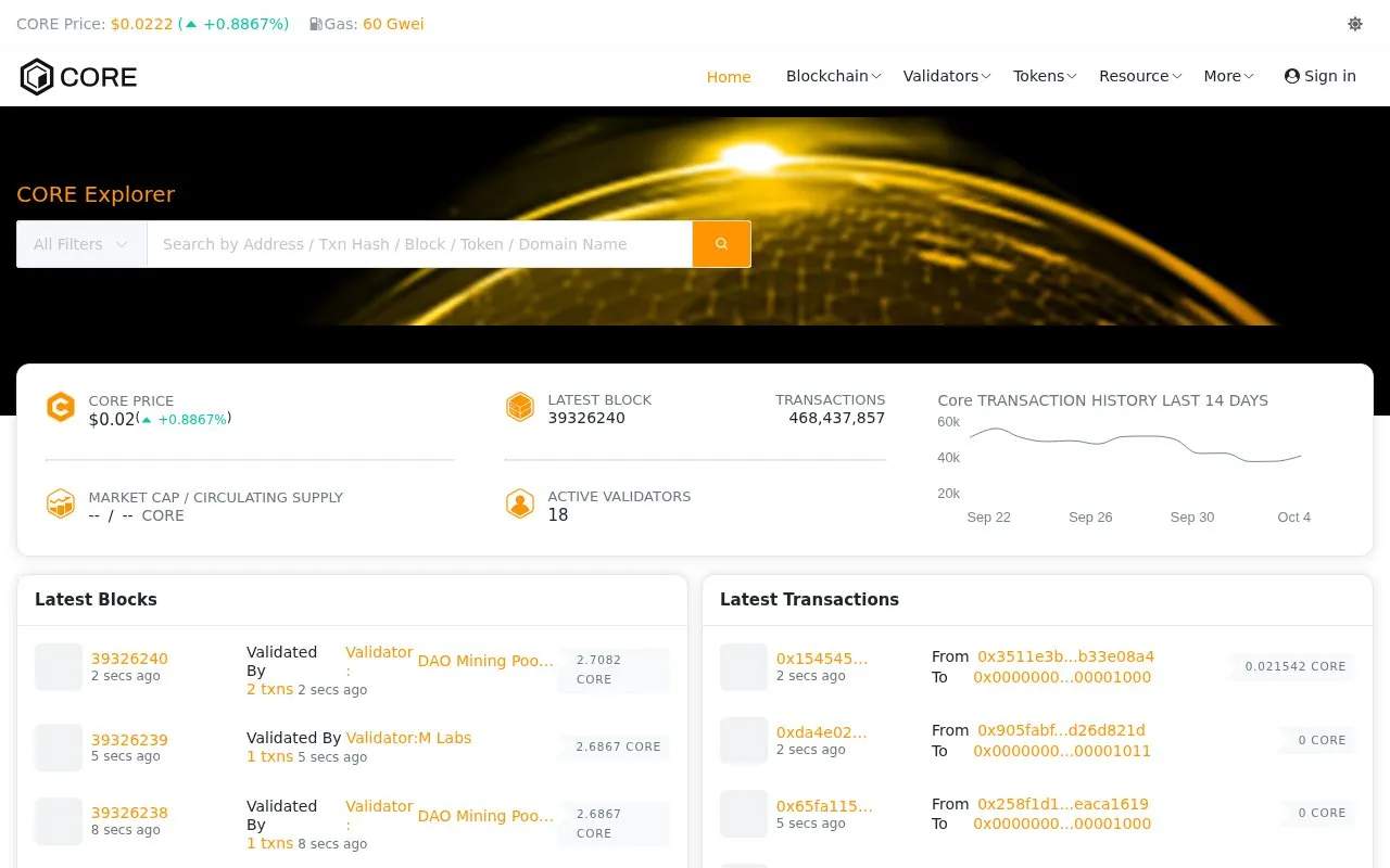 Core Blockchain Mainnet — Core Scan homepage screenshot