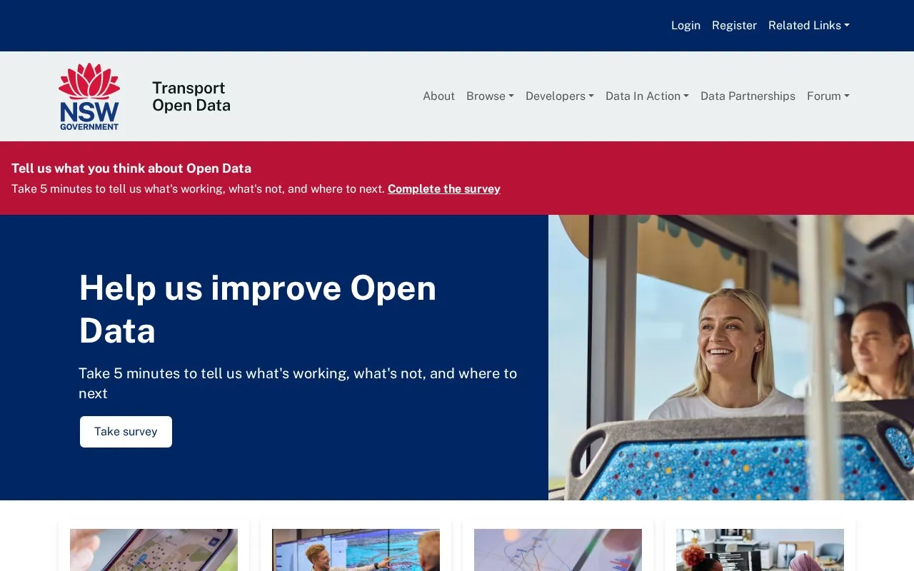 Transport for NSW Open Data Hub homepage screenshot