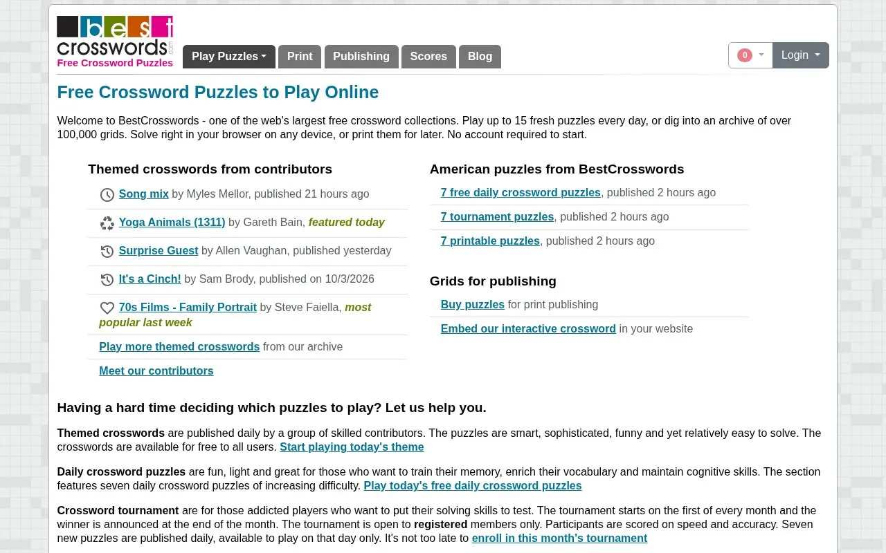 BestCrosswords homepage screenshot