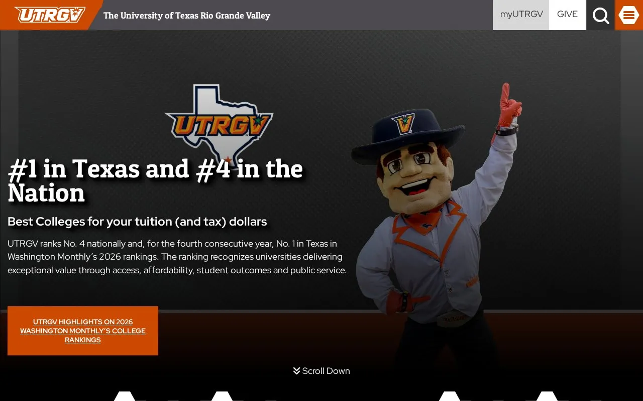 University of Texas, Rio Grande Valley homepage screenshot