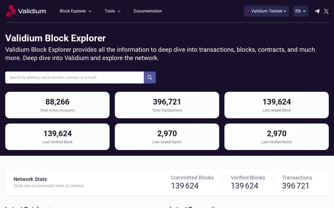 Validium Network — Validium Network Testnet Block Explorer homepage screenshot