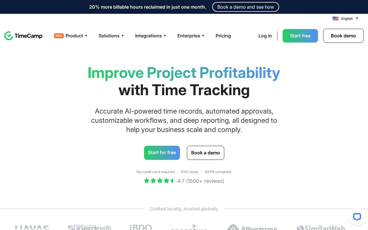 TimeCamp homepage screenshot