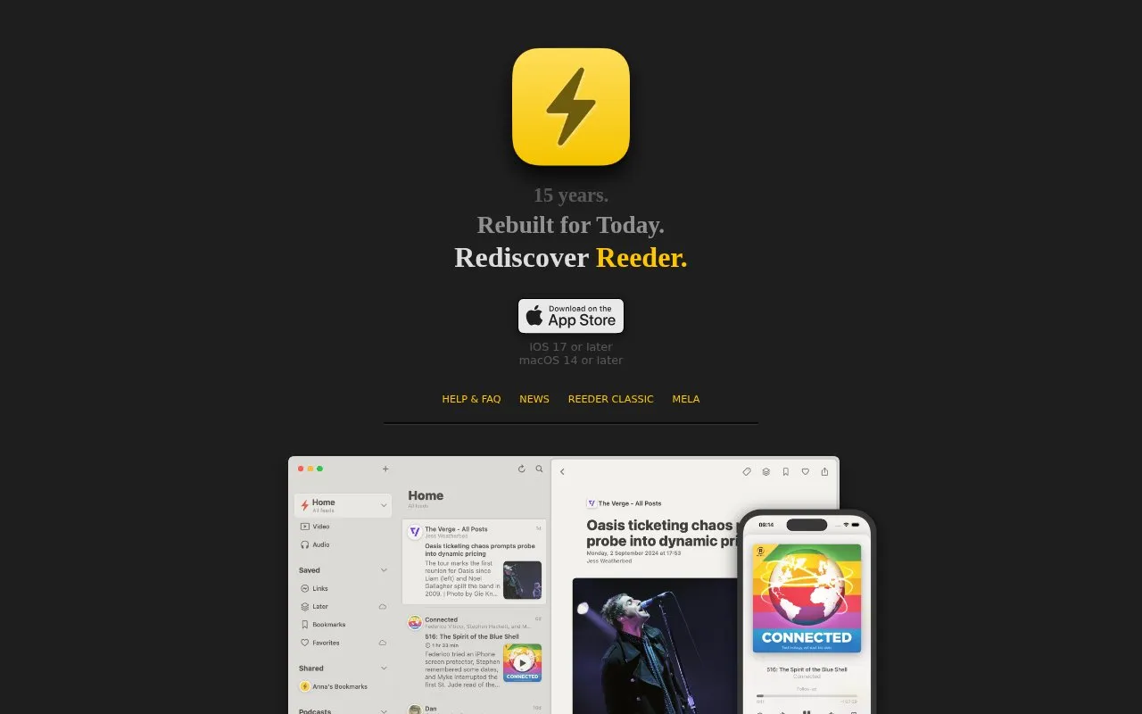 Reeder homepage screenshot