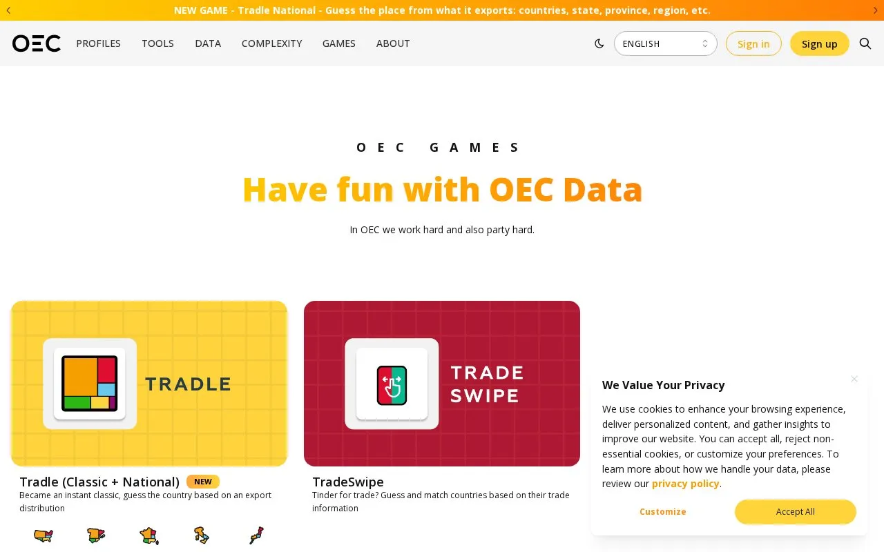 OEC Games homepage screenshot