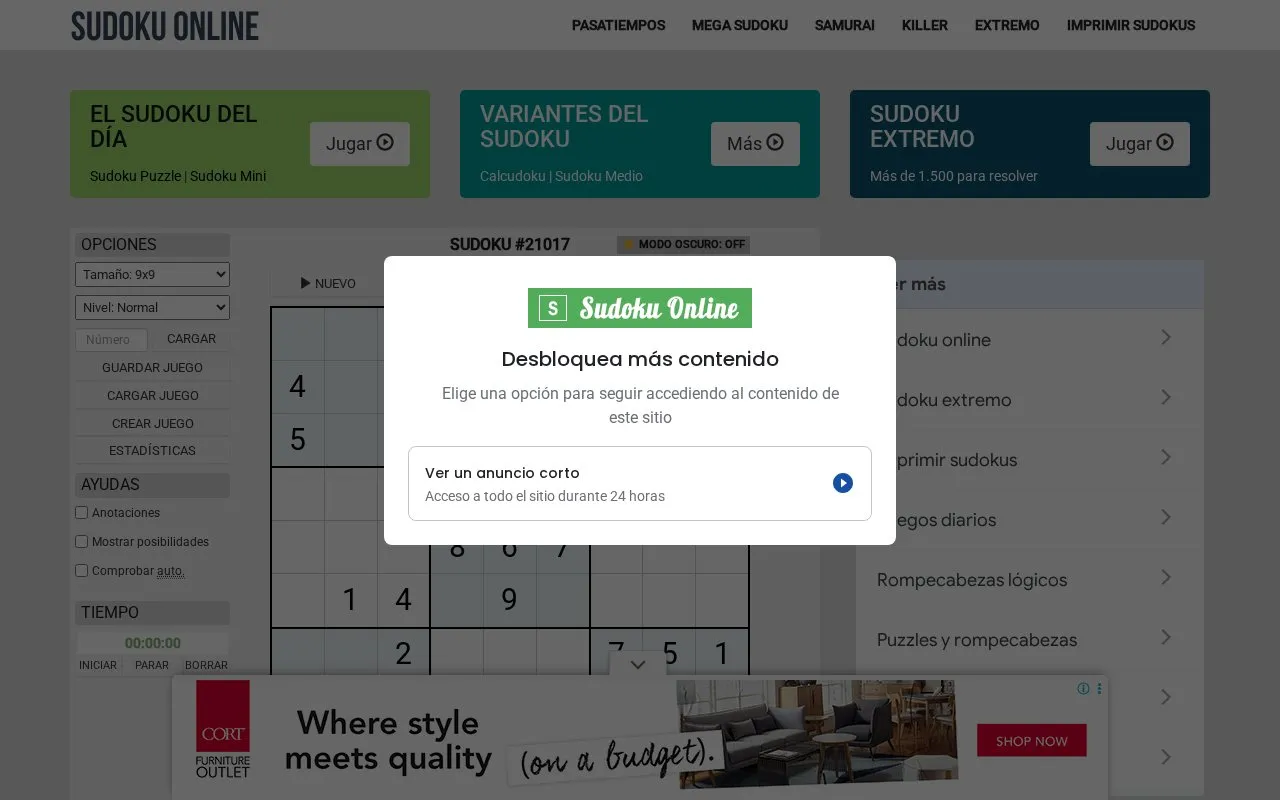 Sudoku Online homepage screenshot