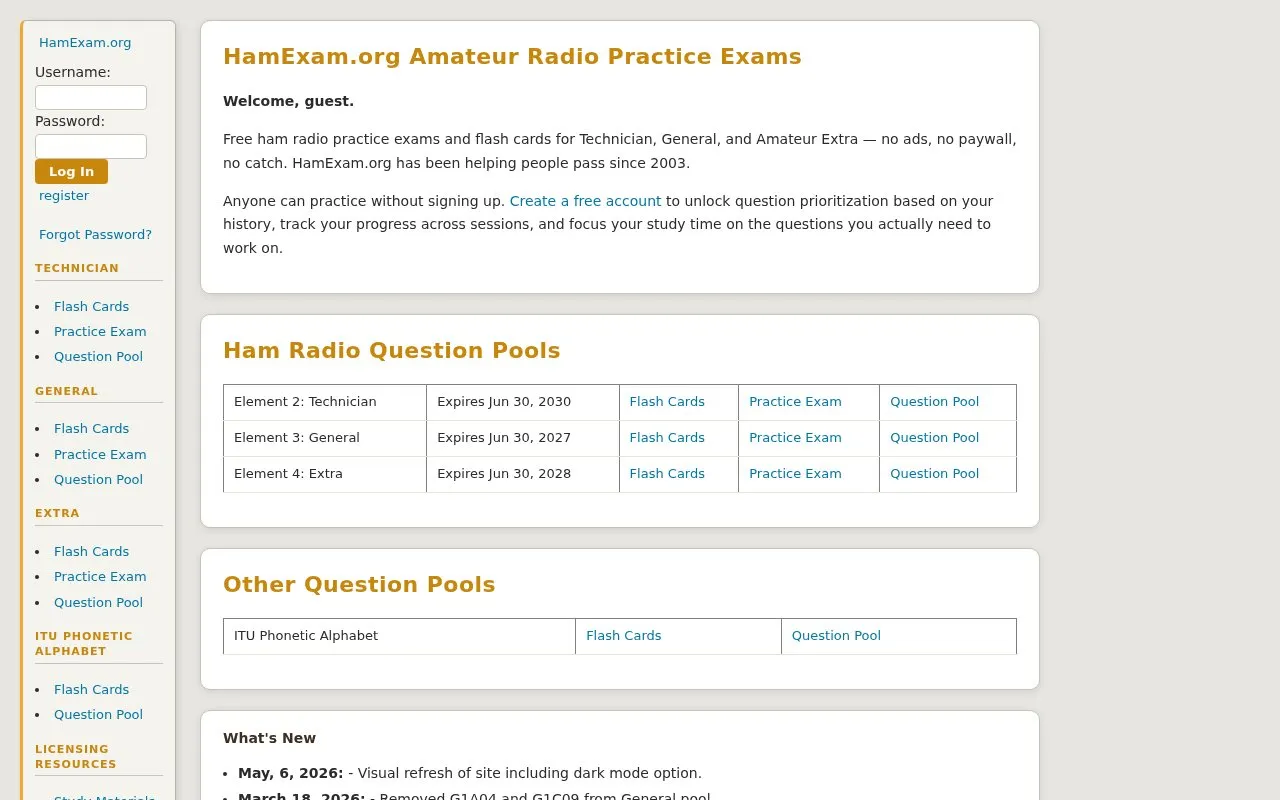 HamExam homepage screenshot