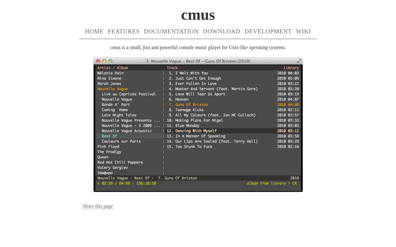cmus homepage screenshot
