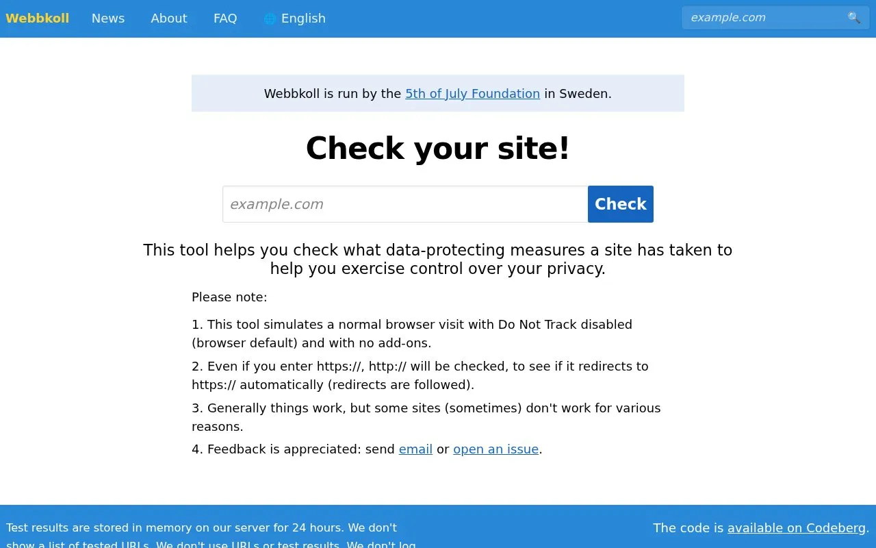 Webbkoll homepage screenshot
