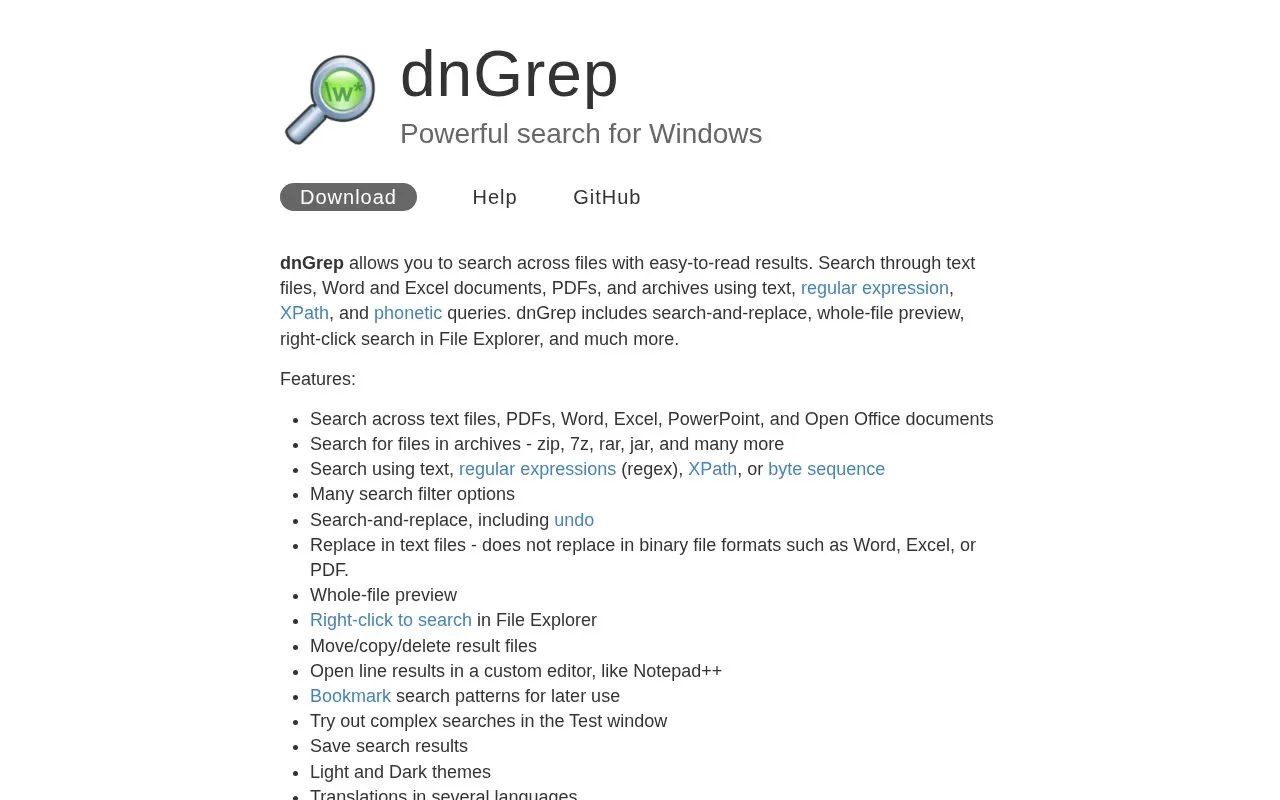 dnGrep homepage screenshot