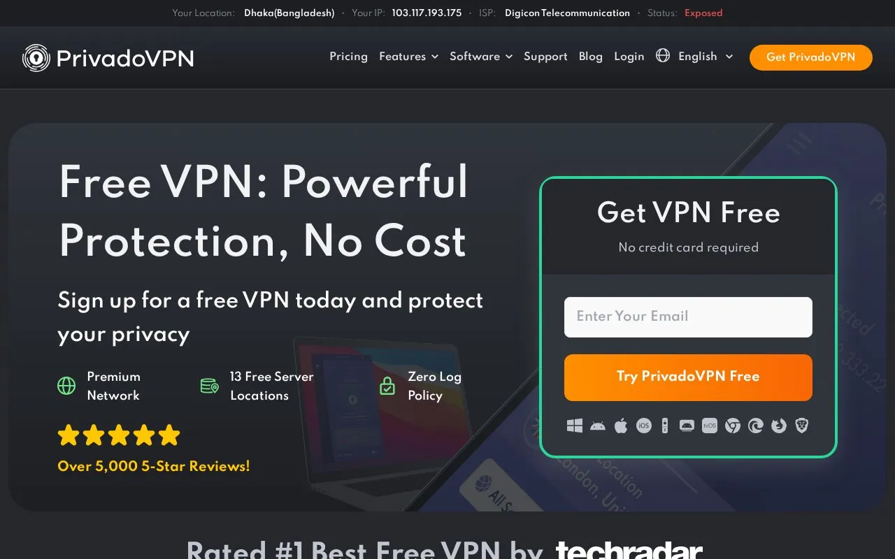 PrivadoVPN homepage screenshot