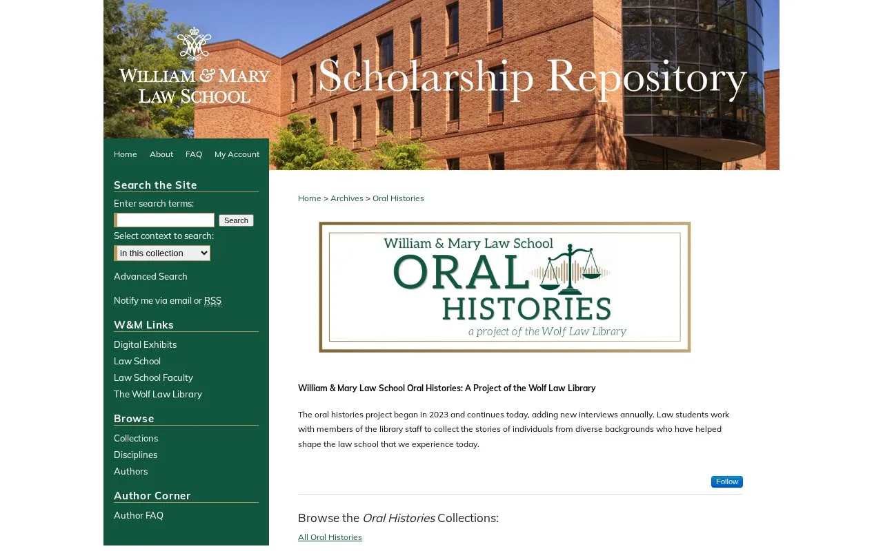 William & Mary Law School Oral Histories homepage screenshot