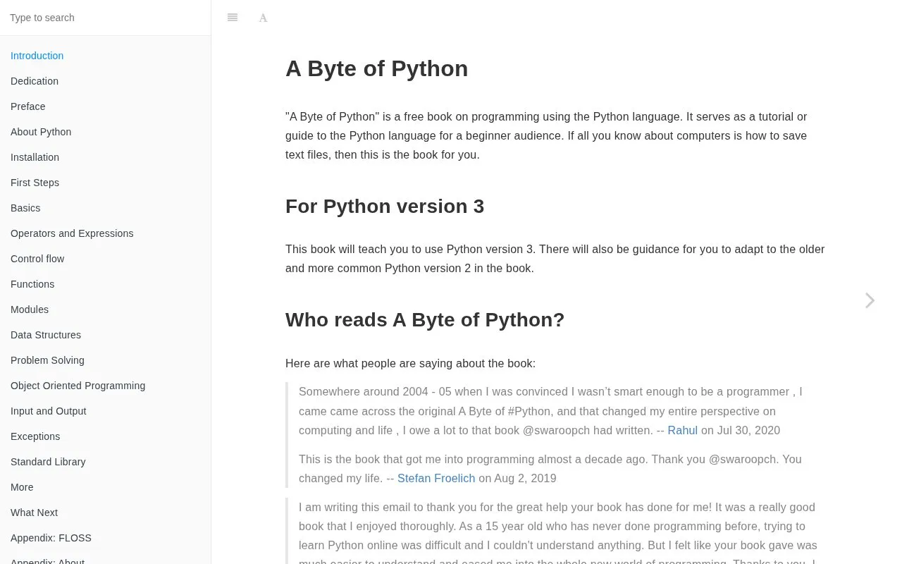 A Byte of Python homepage screenshot
