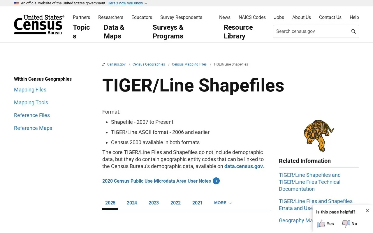 U.S. Census Bureau TIGER/Line Shapefiles and TIGER/Line® Files homepage screenshot
