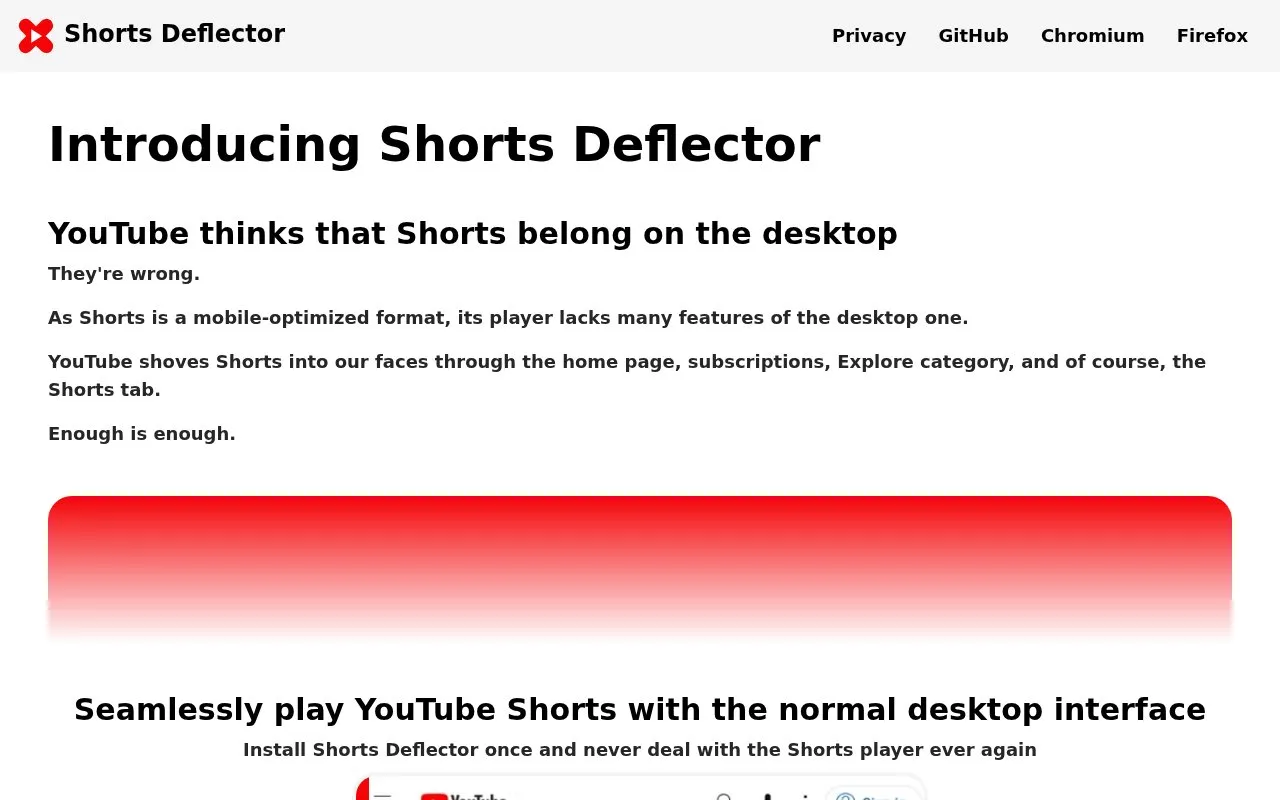 Shorts Deflector homepage screenshot