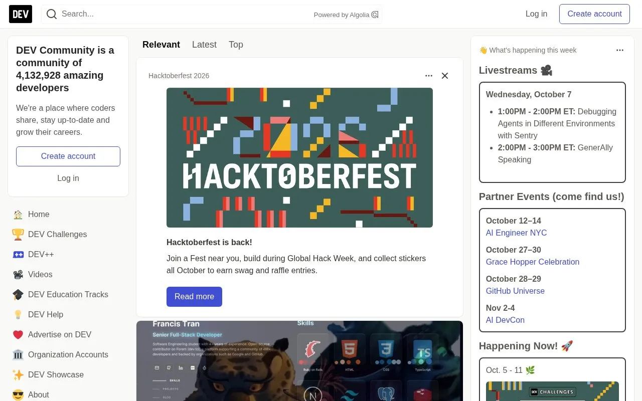 DEV Community homepage screenshot