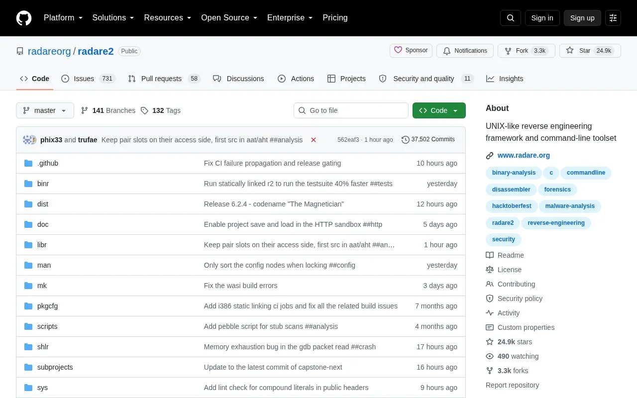 Radare2 homepage screenshot