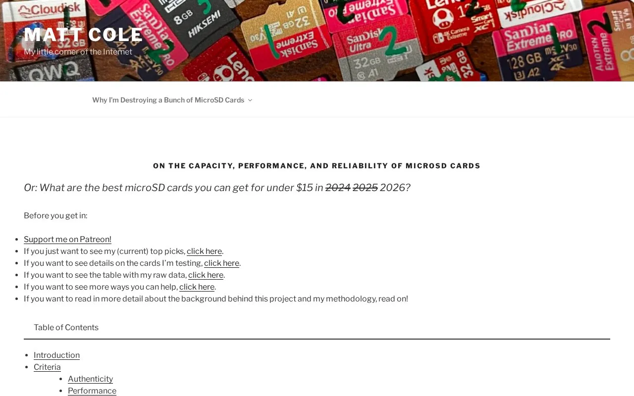 The Great MicroSD Card Survey homepage screenshot