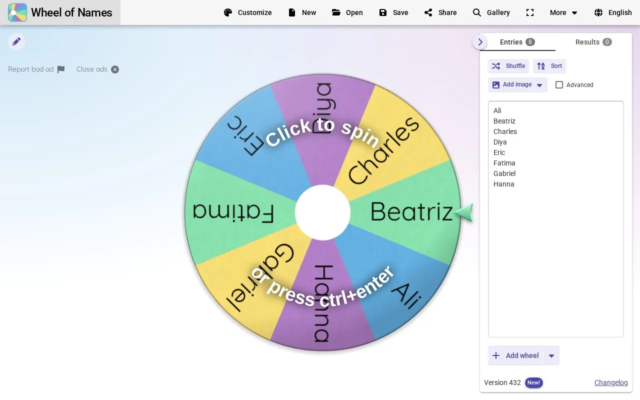 Wheel of Names homepage screenshot