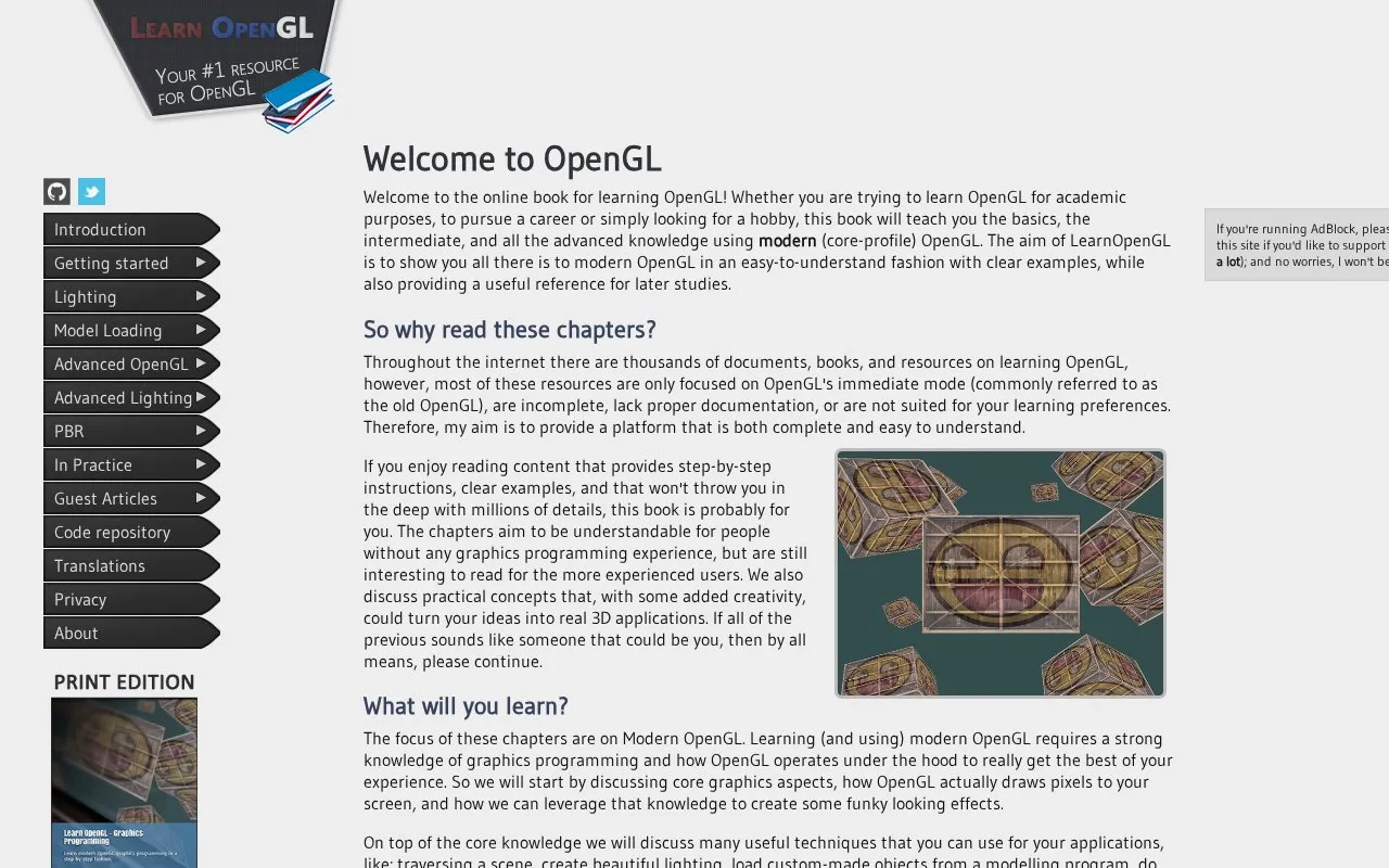LearnOpenGL homepage screenshot
