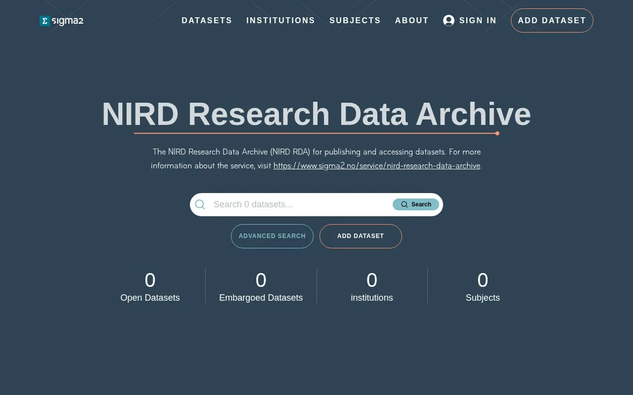 NIRD Research Data Archive homepage screenshot