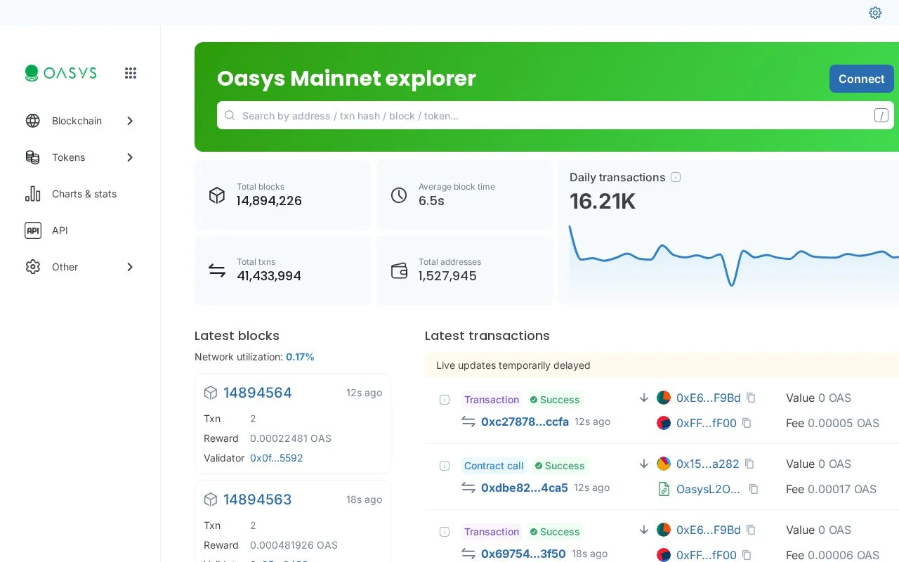 Oasys Mainnet — blockscout homepage screenshot